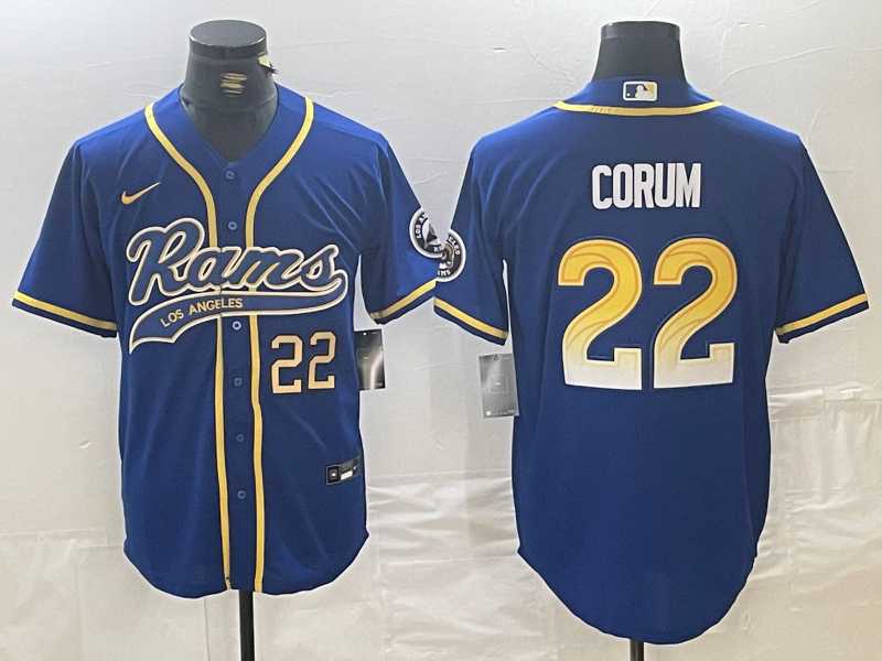 Men%27s Los Angeles Rams #22 Blake Corum Number Royal Cool Base Stitched Baseball Jersey